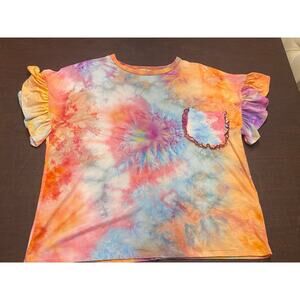 Haptics Dopamine Tie Dye Flutter Sleeve Ruffle Pocket T-Shirt Super‎ Soft Sze 1X